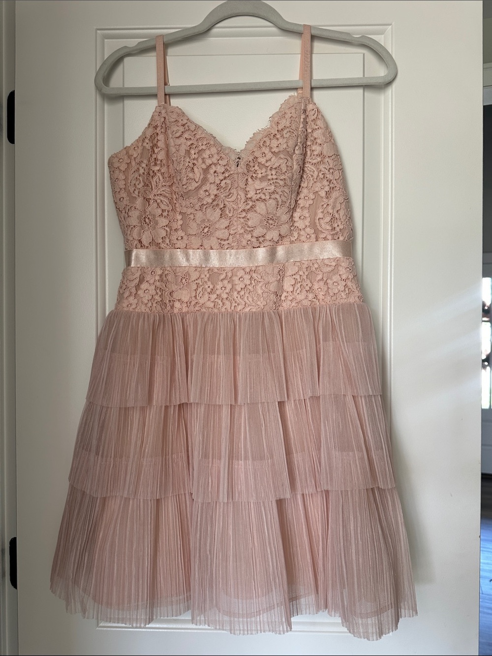 BCBGMaxAzria Blush Lace Bodice Tiered Tulle Dress